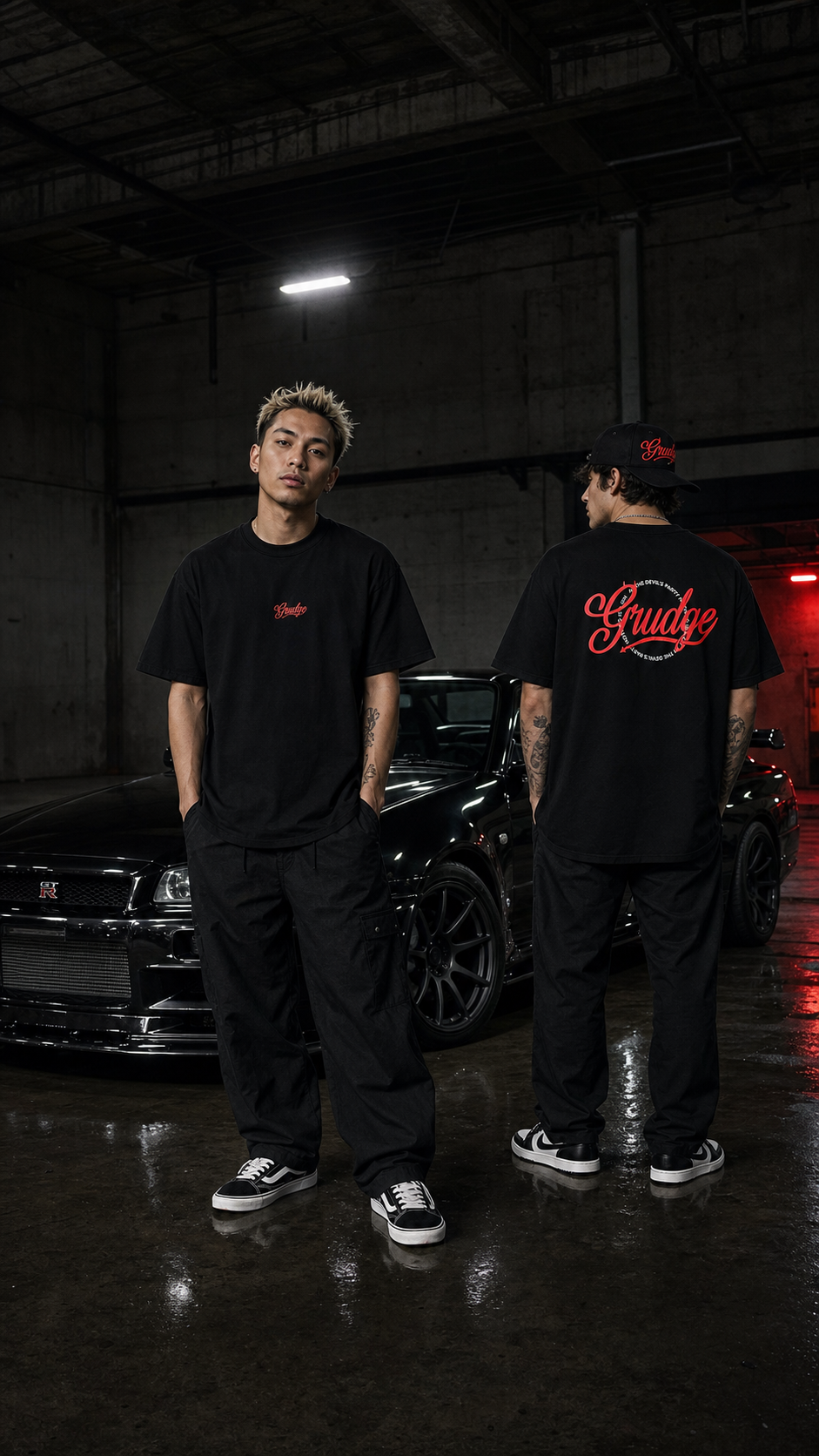 Grudge models beside a black Skyline in a dark warehouse