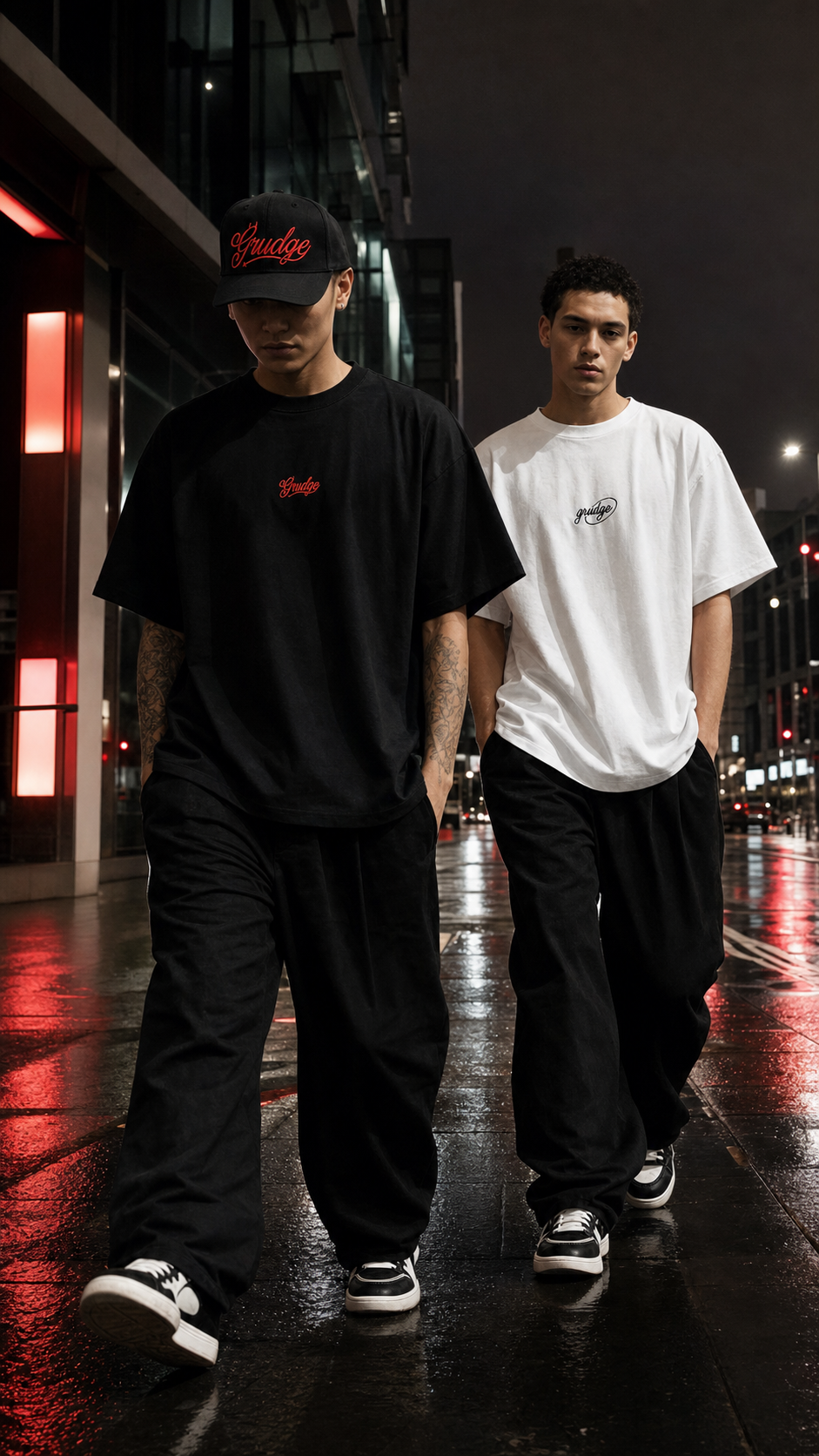 Models wearing black and white Grudge tees in the city at night