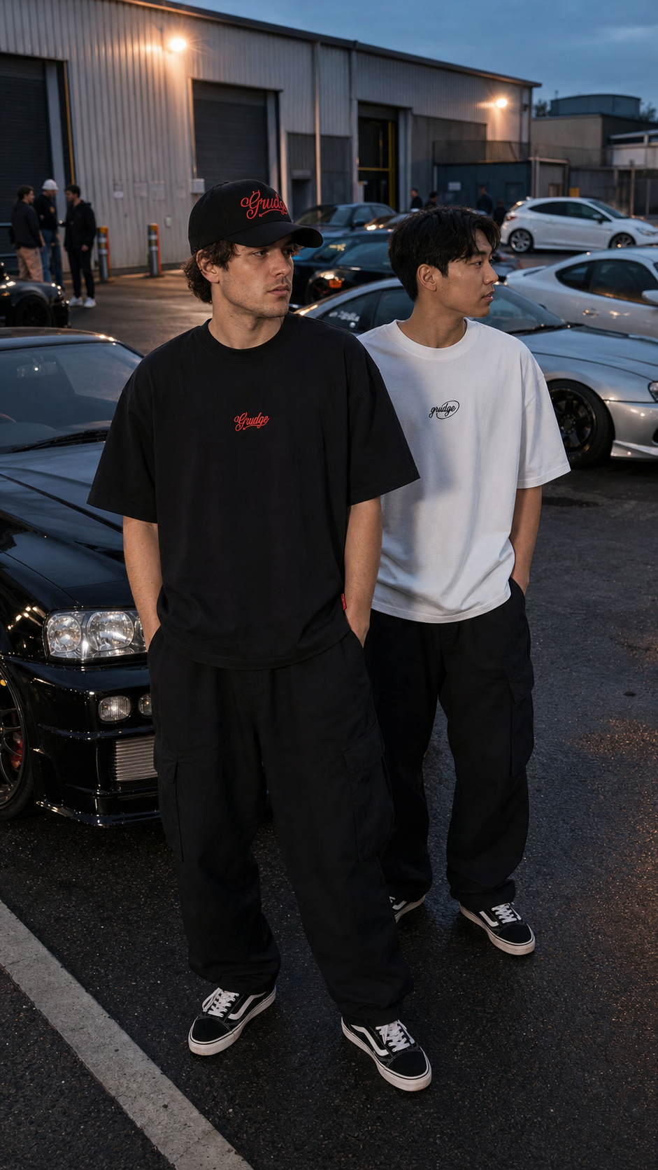 Models wearing Grudge at a UK evening car meet