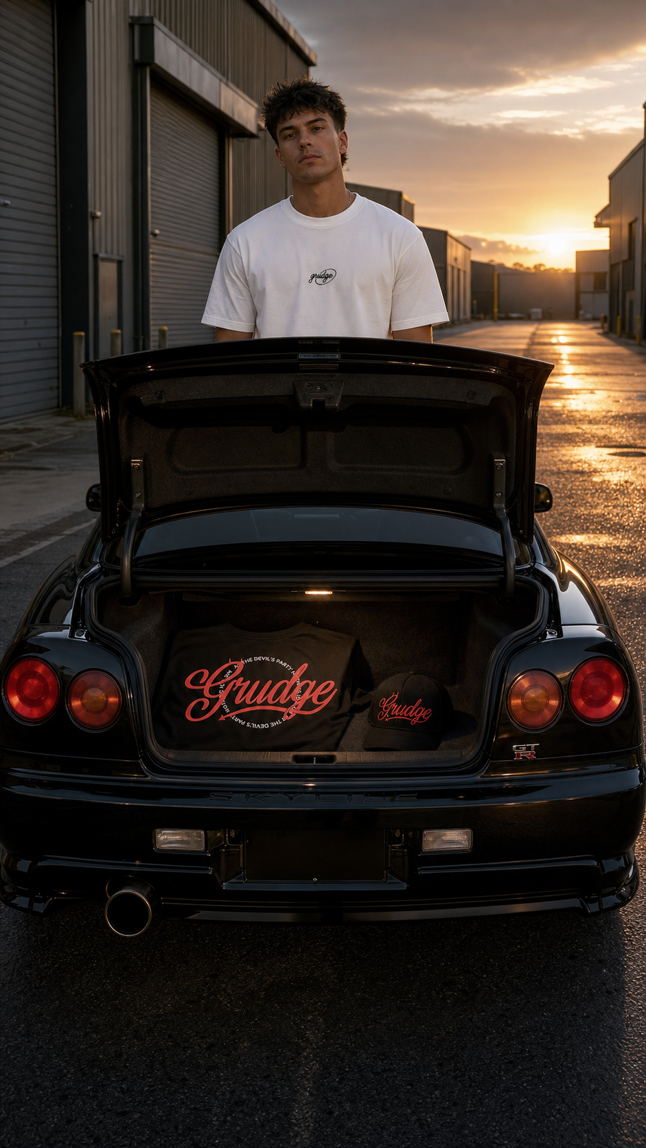 Grudge clothing displayed in the open boot of a black Skyline
