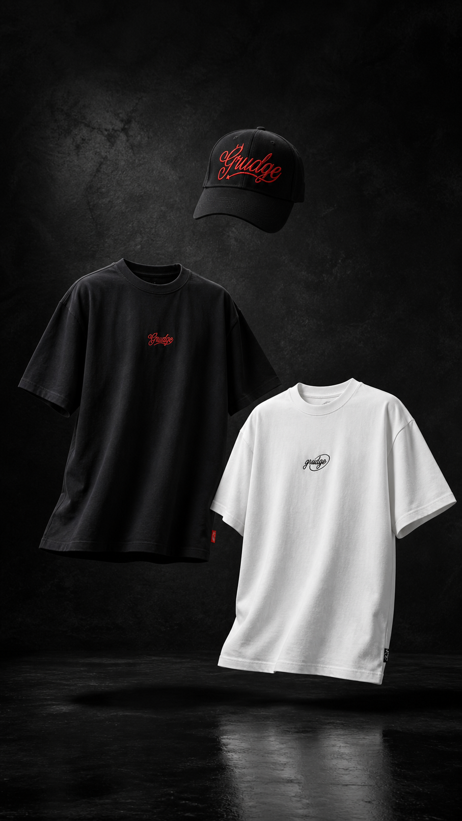 Floating black and white Grudge tees with the black cap